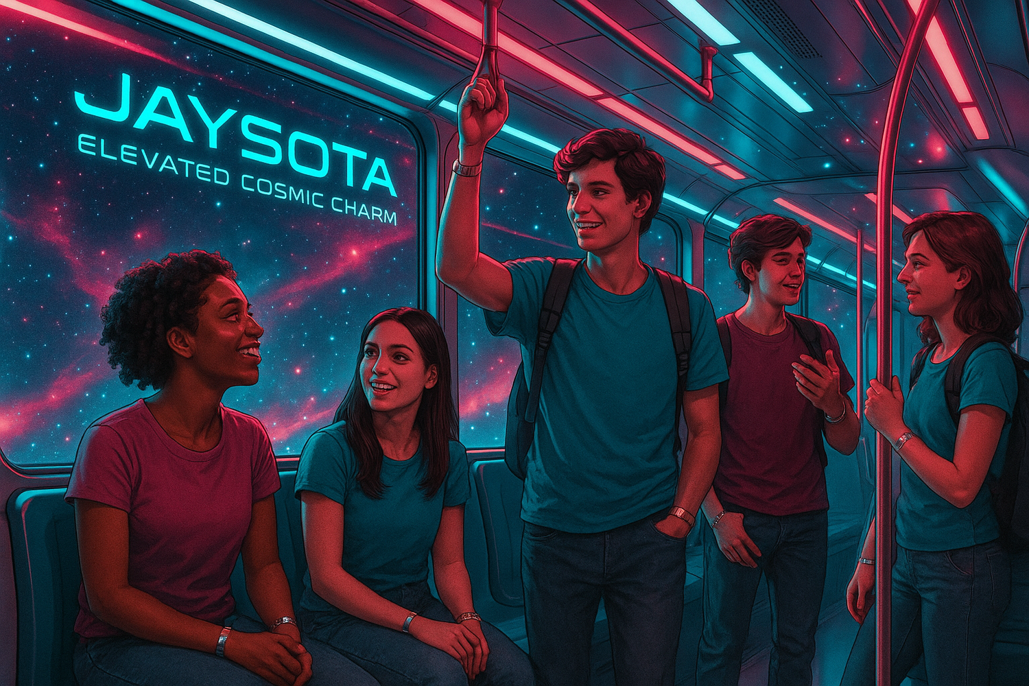 create a mock up image of college kids in futuristic space bus wearing one each plain stainless steel Italian charm link bracelets on their wrist, bus says JAYSOTA Elevated Cosmic Charm, colors hues #FF003F and #00BFBF, cosmic